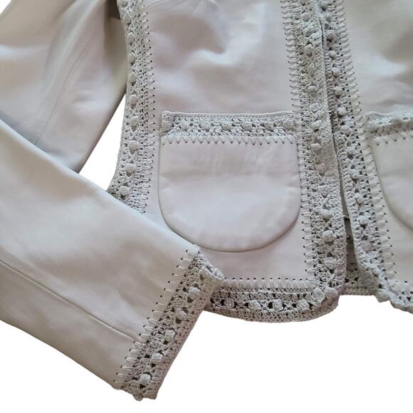 CATHERINE MALANDRINO Ivory Leather Jacket with Crochet Insets Women's Size P - Picture 7 of 14